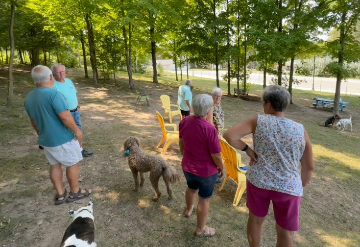 Group of men and women with several dogs.